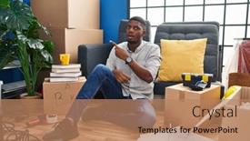  Presentation with new home - PPT theme enhanced with african-american-man-sitting and a coral colored foreground