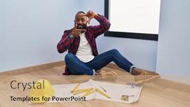  Presentation with new home - PPT theme having african-american-man-sitting background and a coral colored foreground