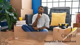  Presentation with new home - Presentation theme with african-american-man-sitting background and a  colored foreground