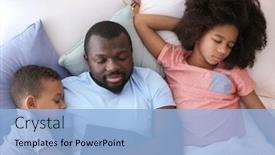  Presentation with african american children - Beautiful presentation design featuring african american man sleeping with his children in bed family bedtime backdrop and a light blue colored foreground