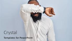  Presentation with sad - Slide set having african-american-man-standing-over background and a light gray colored foreground