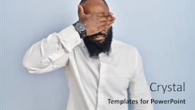  Presentation with sad - PPT layouts featuring african-american-man-standing-over background and a light blue colored foreground