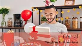  Presentation with birthday - PPT layouts consisting of african-american-man-unboxing-gift background and a coral colored foreground