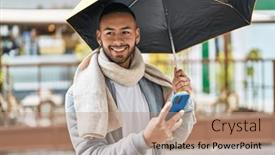  Presentation with smartphone - PPT layouts having african-american-man-using-smartphone and a coral colored foreground