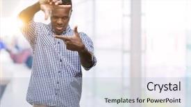  Presentation with african american in computer - Presentation theme featuring african american man wearing blue background and a  colored foreground