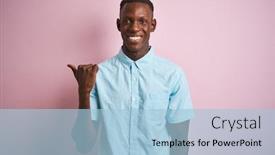  Presentation with blue pink - Presentation design with african american man wearing blue casual shirt standing over isolated pink background smiling with happy face looking and pointing to the side with thumb up background and a light blue colored foreground