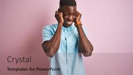  Presentation with blue music - Presentation theme featuring african american man wearing blue casual shirt standing over isolated pink background covering ears with fingers with annoyed expression for the noise of loud music deaf concept background and a coral colored foreground