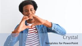  Presentation with american heart - Cool new PPT theme with african american man wearing striped t-shirt and denim jacket over isolated white background smiling in love showing heart symbol and shape with hands romantic concept backdrop and a light blue colored foreground