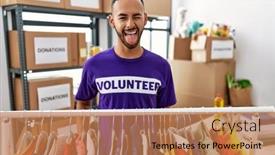  Presentation with volunteer - PPT theme featuring african-american-man-wearing-volunteer background and a coral colored foreground
