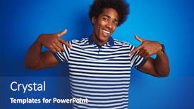  Presentation with polo - Colorful theme enhanced with african american man with afro hair wearing striped polo standing over isolated blue background looking confident with smile on face pointing oneself with fingers proud and happy backdrop and a ocean colored foreground