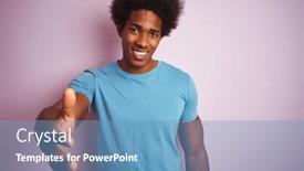  Presentation with blue handshake - Cool new theme with african american man with afro hair wearing blue t-shirt standing over isolated pink background smiling friendly offering handshake as greeting and welcoming successful business backdrop and a teal colored foreground