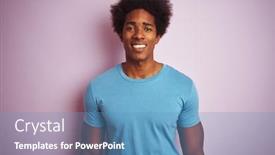  Presentation with pink blue - Slide deck with african american man with afro hair wearing blue t-shirt standing over isolated pink background with a happy and cool smile on face lucky person background and a teal colored foreground