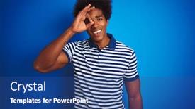  Presentation with polo - Beautiful PPT theme featuring african american man with afro hair wearing striped polo standing over isolated blue background doing ok gesture with hand smiling eye looking through fingers with happy face backdrop and a ocean colored foreground