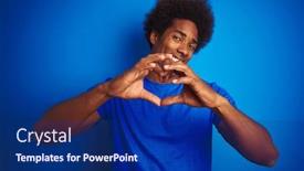  Presentation with american heart - Presentation design with african american man with afro hair wearing t-shirt standing over isolated blue background smiling in love showing heart symbol and shape with hands romantic concept background and a navy blue colored foreground