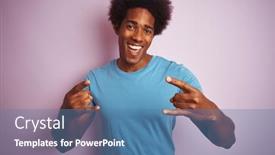  Presentation with blue music - Amazing slide set having african american man with afro hair wearing blue t-shirt standing over isolated pink background shouting with crazy expression doing rock symbol with hands up music star heavy concept backdrop and a teal colored foreground