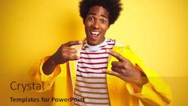  Presentation with yellow music - Cool new slides with african american man with afro hair wearing rain coat standing over isolated yellow background shouting with crazy expression doing rock symbol with hands up music star heavy concept backdrop and a gold colored foreground