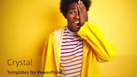  Presentation with rain - Presentation featuring african american man with afro hair wearing rain coat standing over isolated yellow background covering one eye with hand confident smile on face and surprise emotion background and a gold colored foreground