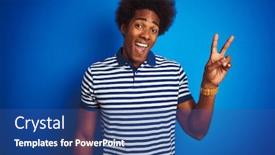  Presentation with polo - Colorful presentation theme enhanced with african american man with afro hair wearing striped polo standing over isolated blue background smiling with happy face winking at the camera doing victory sign number two backdrop and a ocean colored foreground