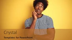  Presentation with navy - Beautiful PPT theme featuring african american man with afro hair wearing navy striped t-shirt over isolated yellow background with hand on chin thinking about question pensive expression smiling with thoughtful face backdrop and a gold colored foreground