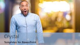  Presentation with wow - PPT layouts featuring african american man with beard happy and surprised cheering expressing wow gesture at night background and a light blue colored foreground