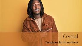 Presentation with forefinger - Amazing PPT theme having african-american-man-with-braids backdrop and a gold colored foreground
