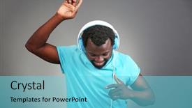  Presentation with african american women in computer - Cool new presentation theme with african american man with headphones backdrop and a light blue colored foreground