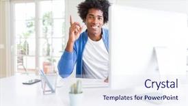  Presentation with working - Amazing PPT layouts having african american man working using backdrop and a sky blue colored foreground