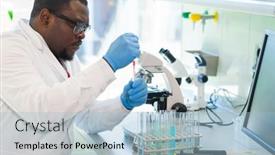  Presentation with medical science equipment research laboratory - Slides consisting of african-american-man-working background and a light blue colored foreground