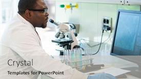  Presentation with medical science equipment research laboratory - Slide deck consisting of african-american-man-working background and a light gray colored foreground