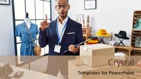  Presentation with boutique - PPT theme featuring african-american-man-working background and a coral colored foreground