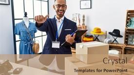  Presentation with boutique - Slide set with african-american-man-working background and a coral colored foreground