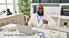  Presentation with medical hammer - PPT theme having african-american-man-working background and a soft green colored foreground