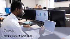  Presentation with corporation - Theme enhanced with african-american-man-working background and a light blue colored foreground