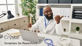  Presentation with medical hammer - Presentation design having african-american-man-working background and a soft green colored foreground