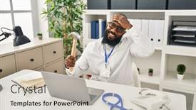  Presentation with medical hammer - PPT layouts featuring african-american-man-working background and a soft green colored foreground