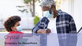  Presentation with face masks - Colorful presentation design enhanced with african-american-man backdrop and a light blue colored foreground