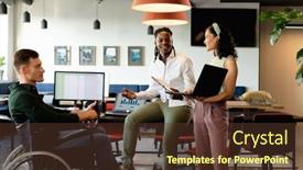  Presentation with african american meeting - Slides featuring african-american-manager-discussing background and a tawny brown colored foreground