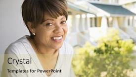  Presentation with middle america - Audience pleasing presentation theme consisting of african american middle aged woman smiling at viewer outside home backdrop and a yellow colored foreground