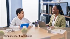  Presentation with working mother - Slide deck consisting of african-american-mother-and-son background and a  colored foreground