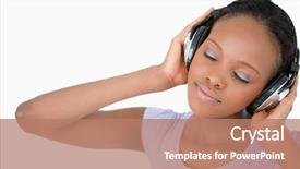  Presentation with headphones - Amazing presentation design having african american music - close up of smiling woman backdrop and a  colored foreground