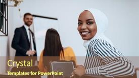 Presentation with business training - PPT theme featuring african-american-muslim-woman-listens background and a tawny brown colored foreground