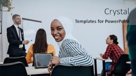  Presentation with business training - Slides featuring african-american-muslim-woman-listens background and a lemonade colored foreground