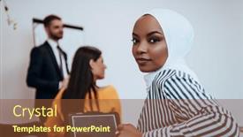  Presentation with african american business - PPT theme consisting of african-american-muslim-woman-listens background and a  colored foreground