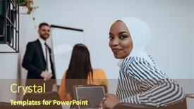  Presentation with business training - PPT layouts enhanced with african-american-muslim-woman-listens background and a tawny brown colored foreground