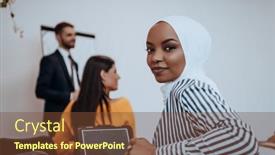  Presentation with business training - Presentation with african-american-muslim-woman-listens background and a tawny brown colored foreground