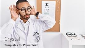  Presentation with hearing test - PPT theme consisting of african-american-optician-man-standing background and a sky blue colored foreground