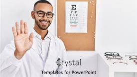  Presentation with eyesight - Presentation design enhanced with african-american-optician-man-standing background and a light gray colored foreground