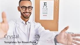  Presentation with eyesight - PPT theme with african-american-optician-man-standing background and a  colored foreground
