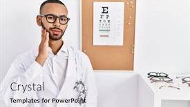  Presentation with eyesight - PPT theme having african-american-optician-man-standing background and a light gray colored foreground