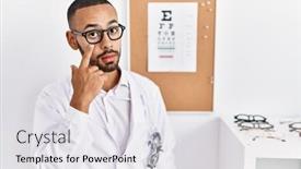  Presentation with eyesight - Theme having african-american-optician-man-standing background and a light gray colored foreground